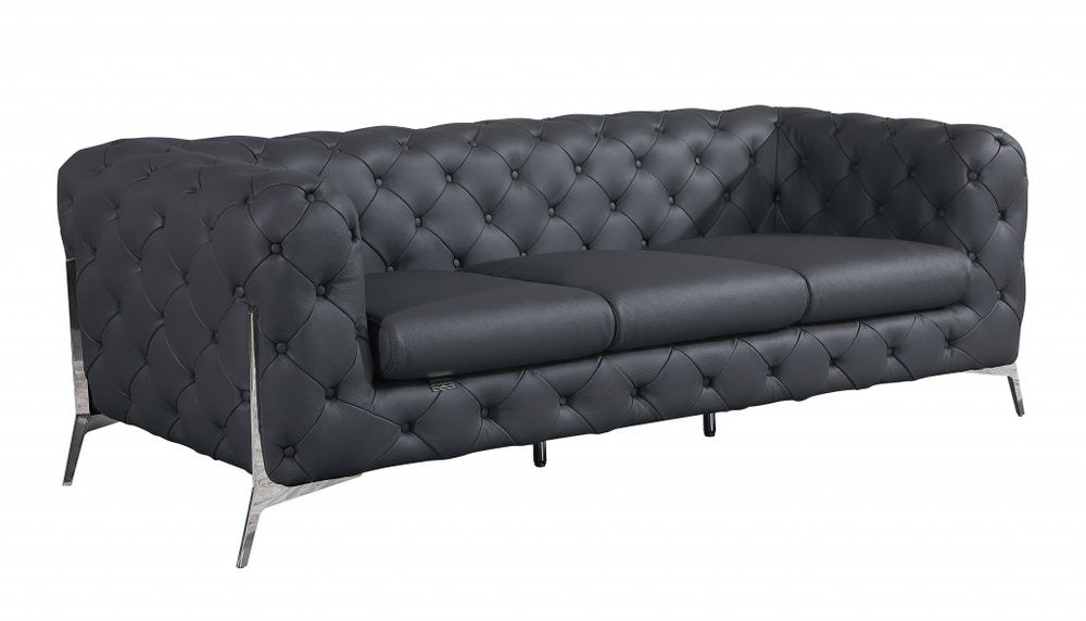 Black Italian Leather Chesterfield Sofa with Silver Legs - 93-inch