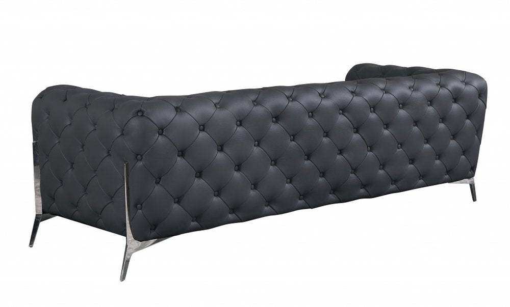 Black Italian Leather Chesterfield Sofa with Silver Legs - 93-inch