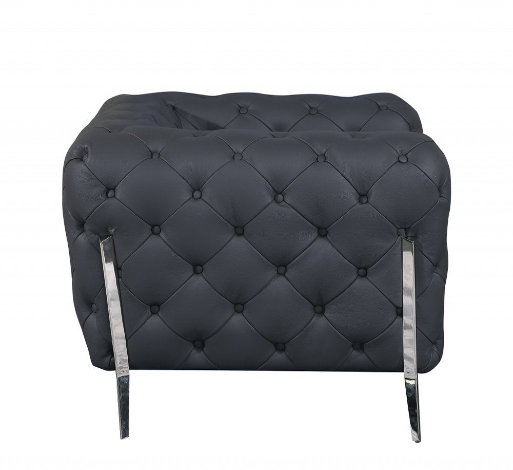 Black Italian Leather Chesterfield Sofa with Silver Legs - 93-inch