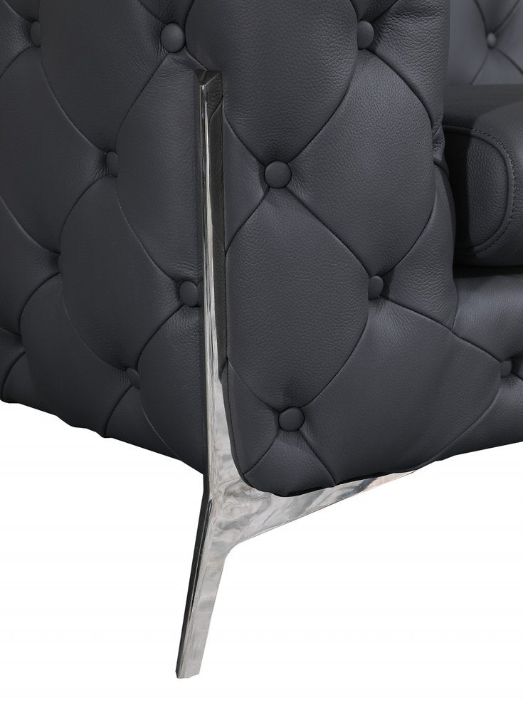 Black Italian Leather Chesterfield Sofa with Silver Legs - 93-inch