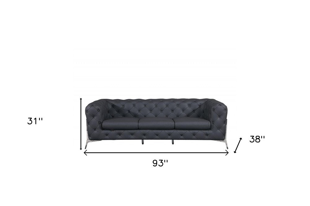 Black Italian Leather Chesterfield Sofa with Silver Legs - 93-inch