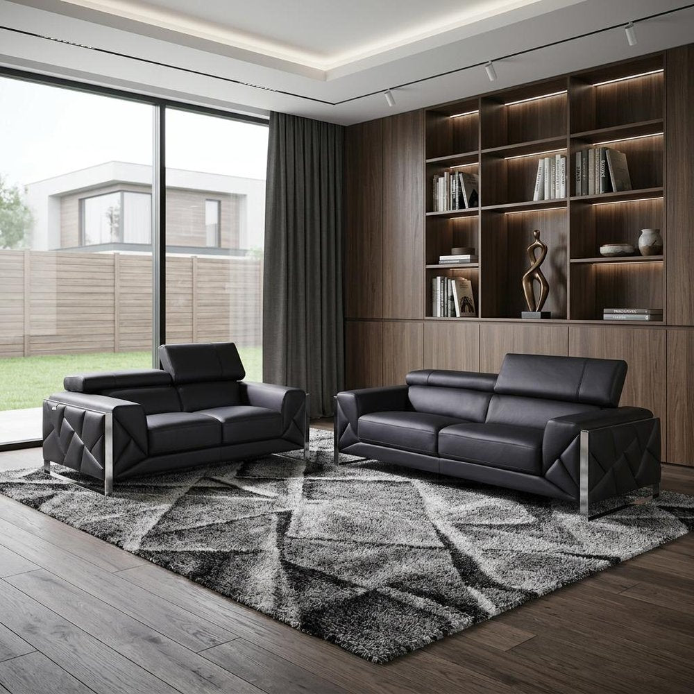 Two Piece Indoor Black Italian Leather Five Person Seating Set