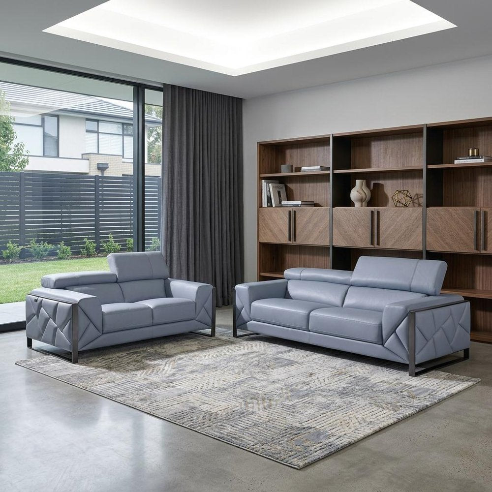 Two Piece Indoor Light Blue Italian Leather Five Person Seating Set