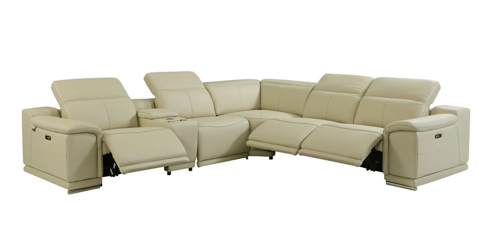 Beige Italian Leather Power Reclining U Shaped Six Piece Corner Sectional with Console