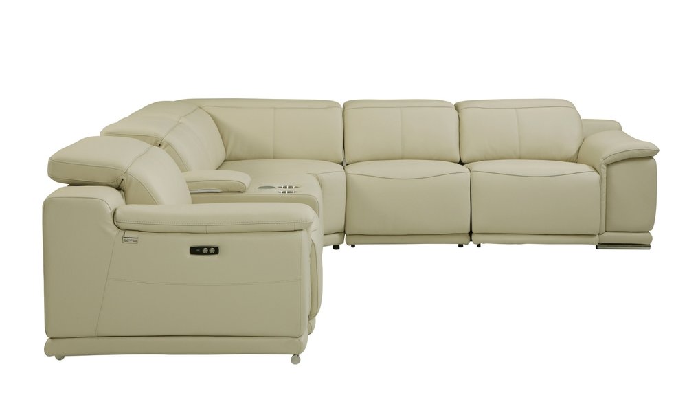 Beige Italian Leather Power Reclining U Shaped Six Piece Corner Sectional with Console