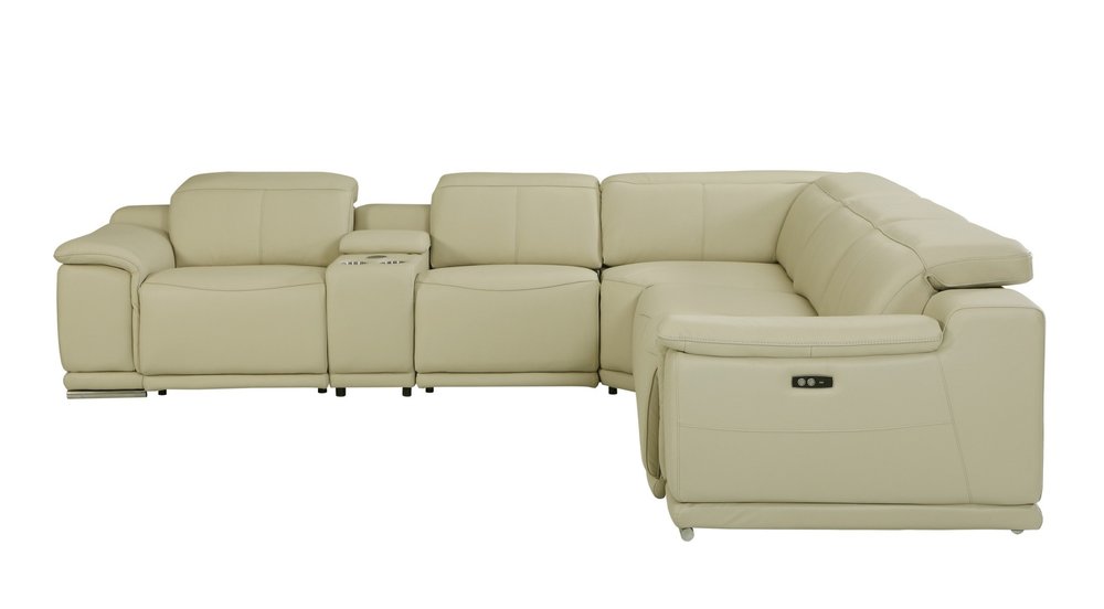 Beige Italian Leather Power Reclining U Shaped Six Piece Corner Sectional with Console