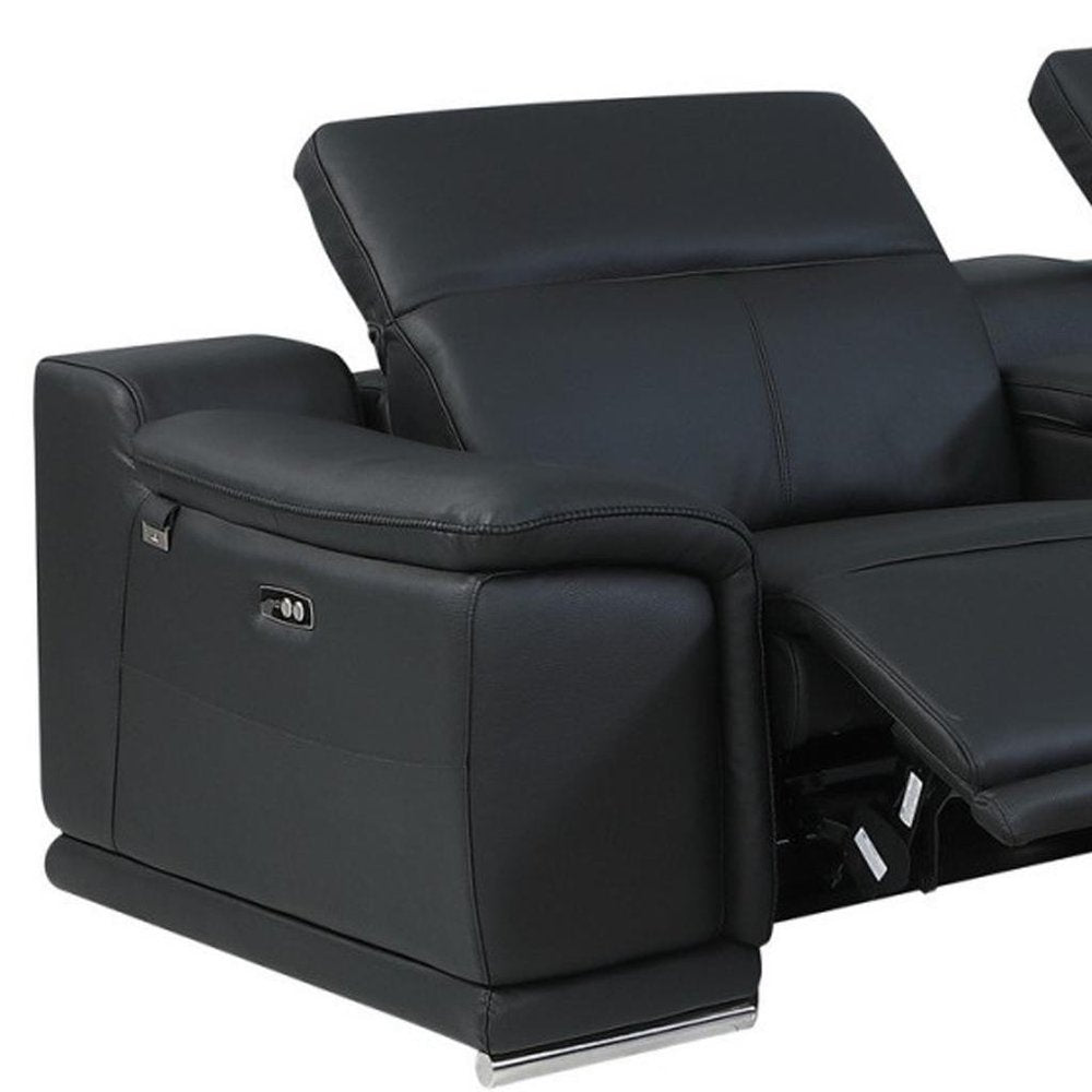 Black Italian Leather Power Reclining U Shaped Six Piece Corner Sectional with Console