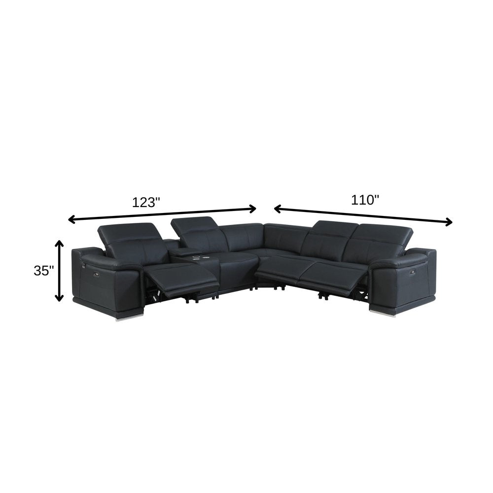 Black Italian Leather Power Reclining U Shaped Six Piece Corner Sectional with Console