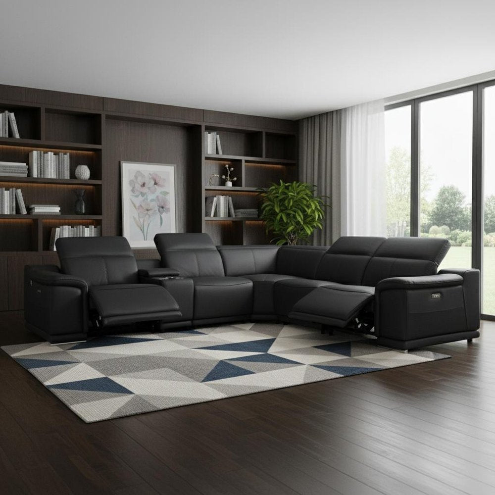 Black Italian Leather Power Reclining U Shaped Six Piece Corner Sectional with Console