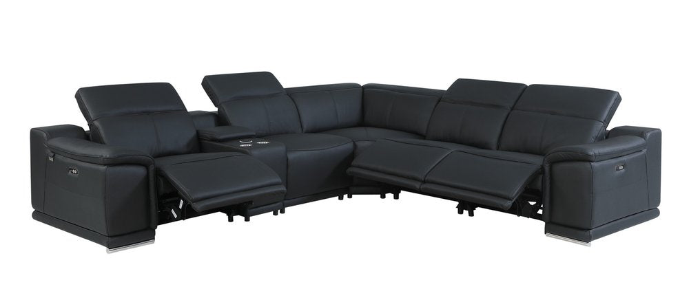 Black Italian Leather Power Reclining U Shaped Six Piece Corner Sectional with Console