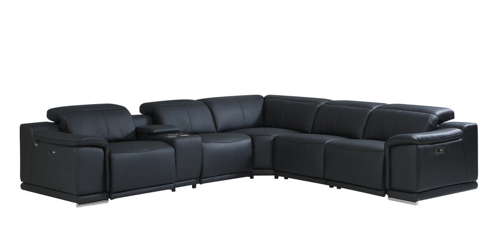 Black Italian Leather Power Reclining U Shaped Six Piece Corner Sectional with Console