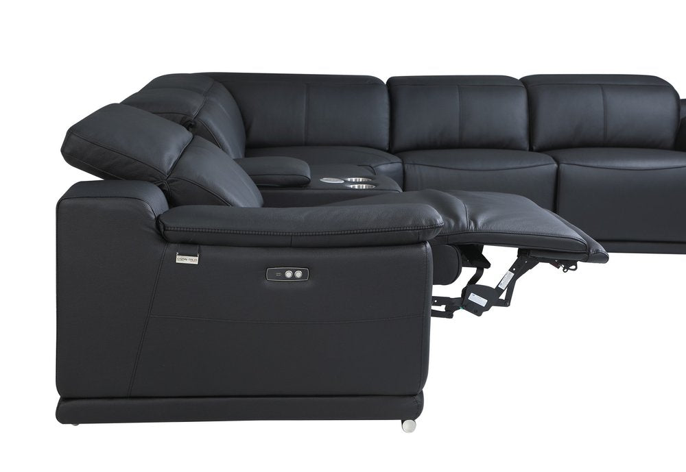 Black Italian Leather Power Reclining U Shaped Six Piece Corner Sectional with Console