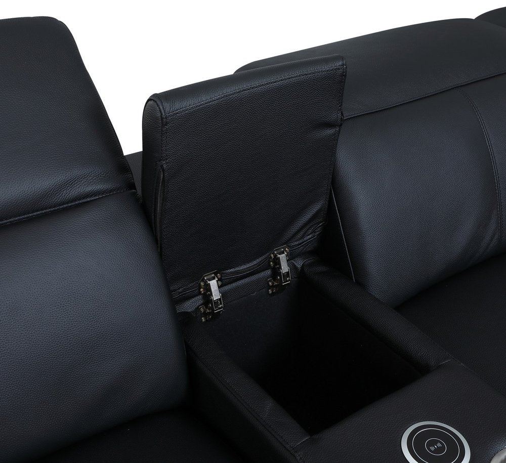 Black Italian Leather Power Reclining U Shaped Six Piece Corner Sectional with Console
