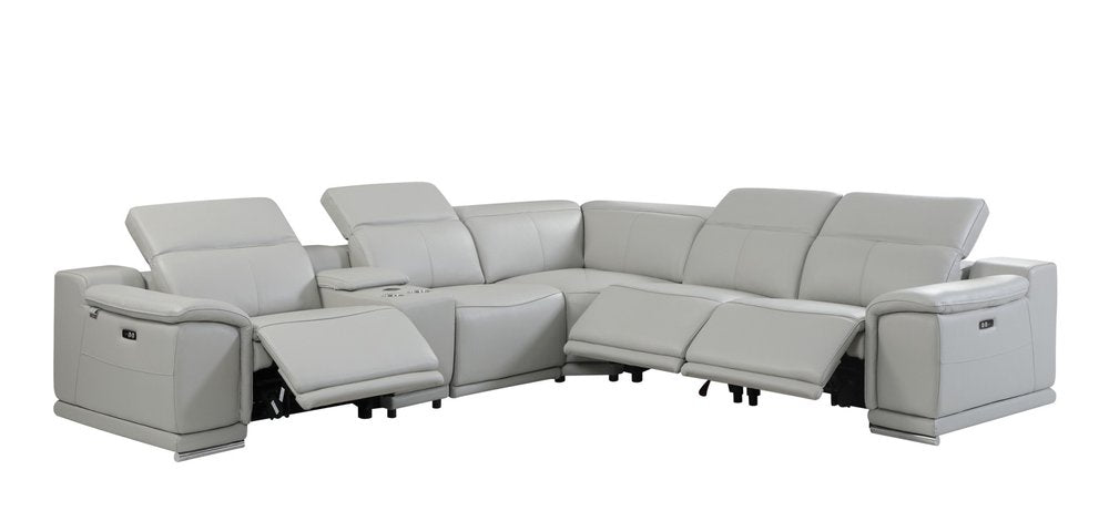 Light Gray Italian Leather Power Reclining U Shaped Six Piece Corner Sectional with Console