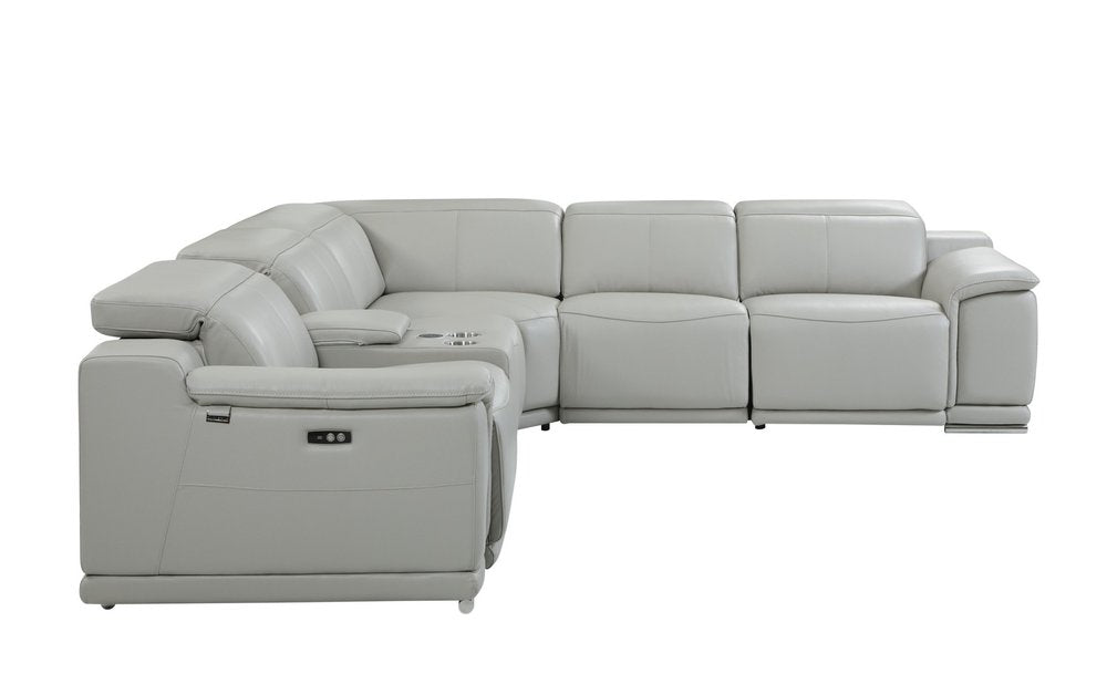 Light Gray Italian Leather Power Reclining U Shaped Six Piece Corner Sectional with Console