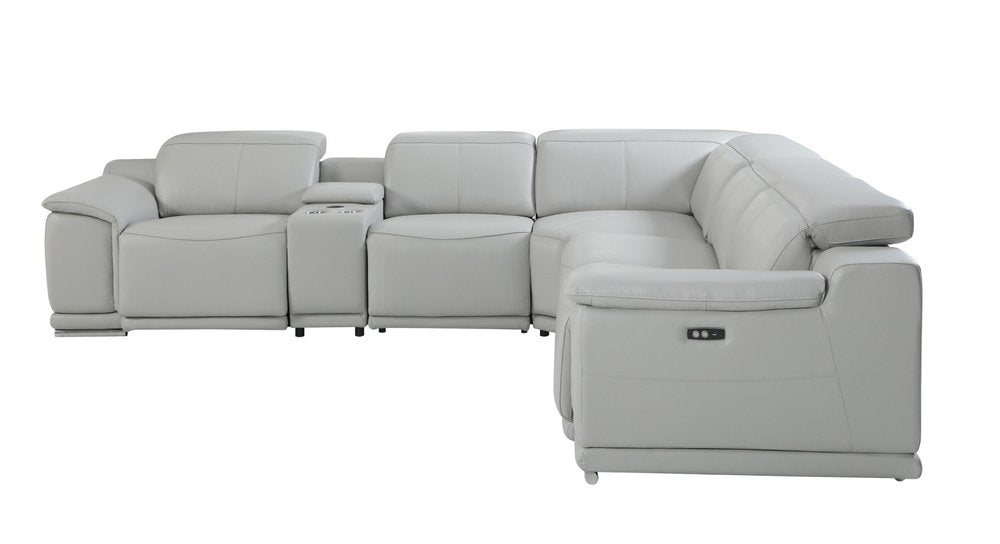 Light Gray Italian Leather Power Reclining U Shaped Six Piece Corner Sectional with Console