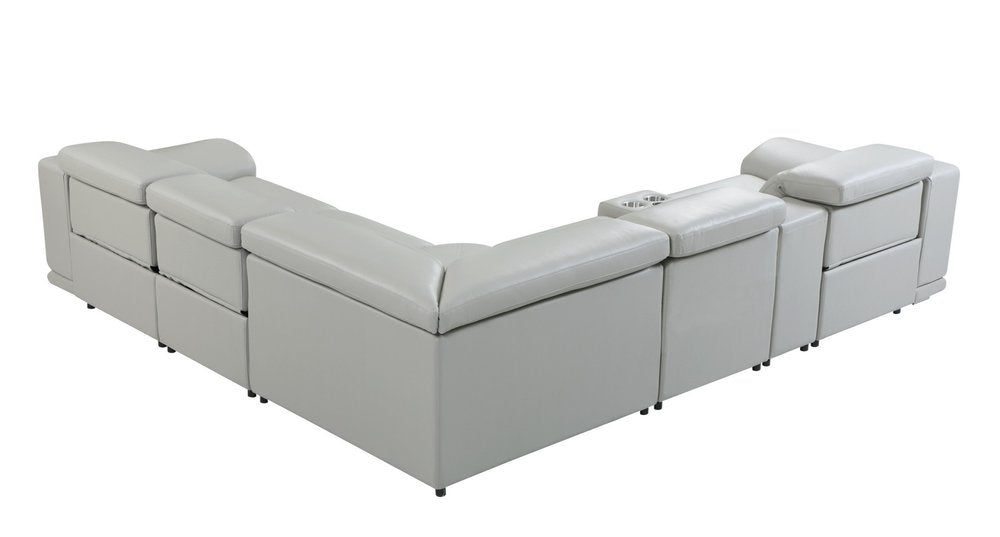 Light Gray Italian Leather Power Reclining U Shaped Six Piece Corner Sectional with Console