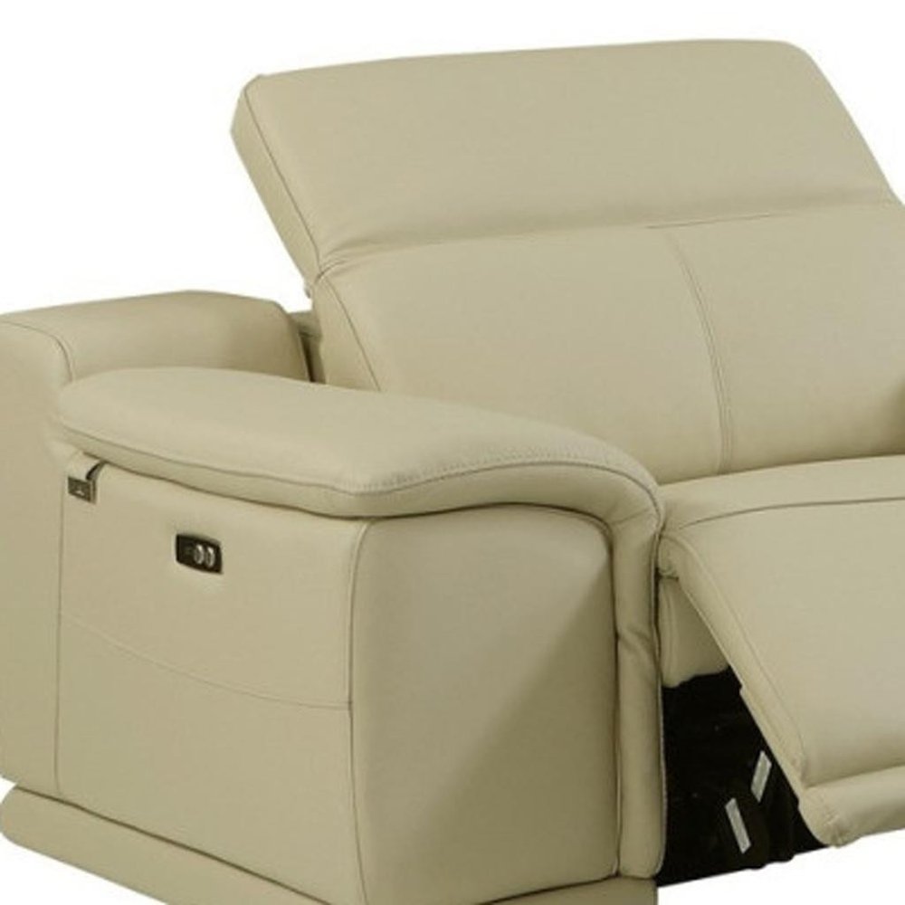 Beige Italian Leather Power Reclining U Shaped Seven Piece Corner Sectional with Console