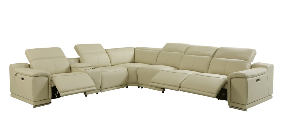 Beige Italian Leather Power Reclining U Shaped Seven Piece Corner Sectional with Console