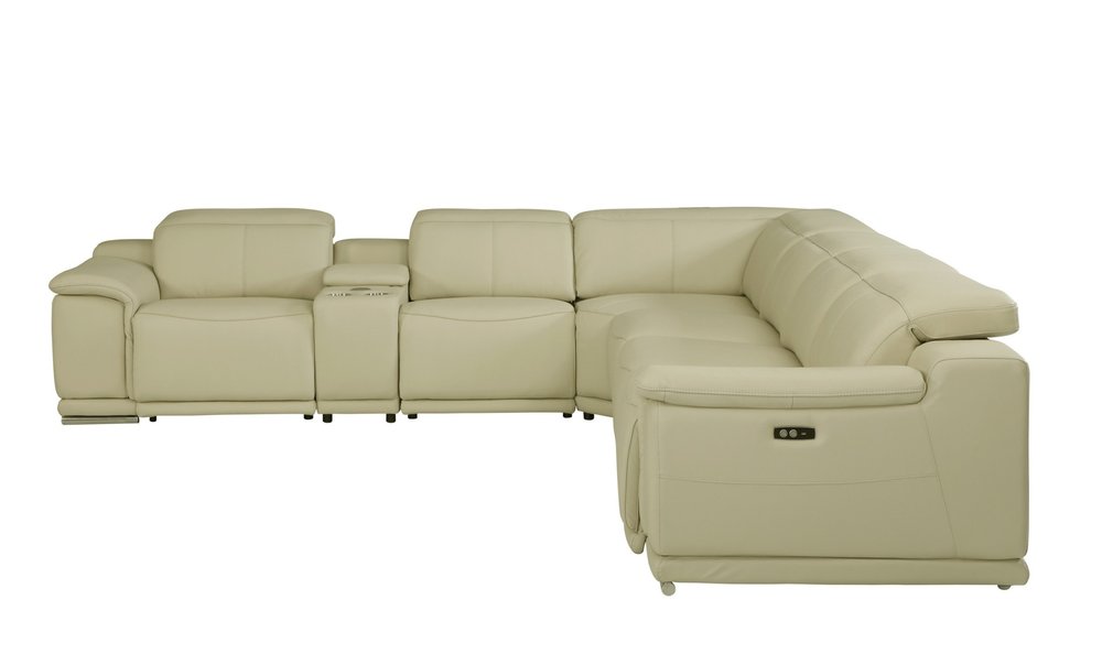 Beige Italian Leather Power Reclining U Shaped Seven Piece Corner Sectional with Console
