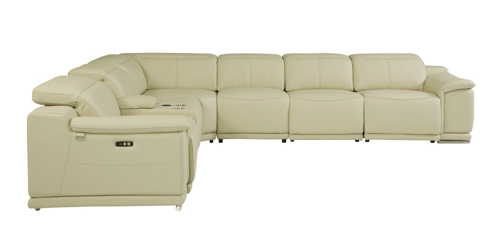 Beige Italian Leather Power Reclining U Shaped Seven Piece Corner Sectional with Console