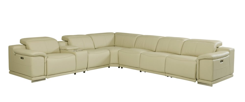 Beige Italian Leather Power Reclining U Shaped Seven Piece Corner Sectional with Console