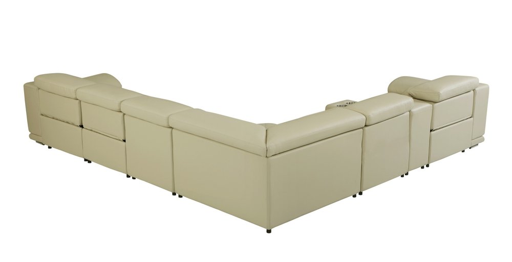 Beige Italian Leather Power Reclining U Shaped Seven Piece Corner Sectional with Console