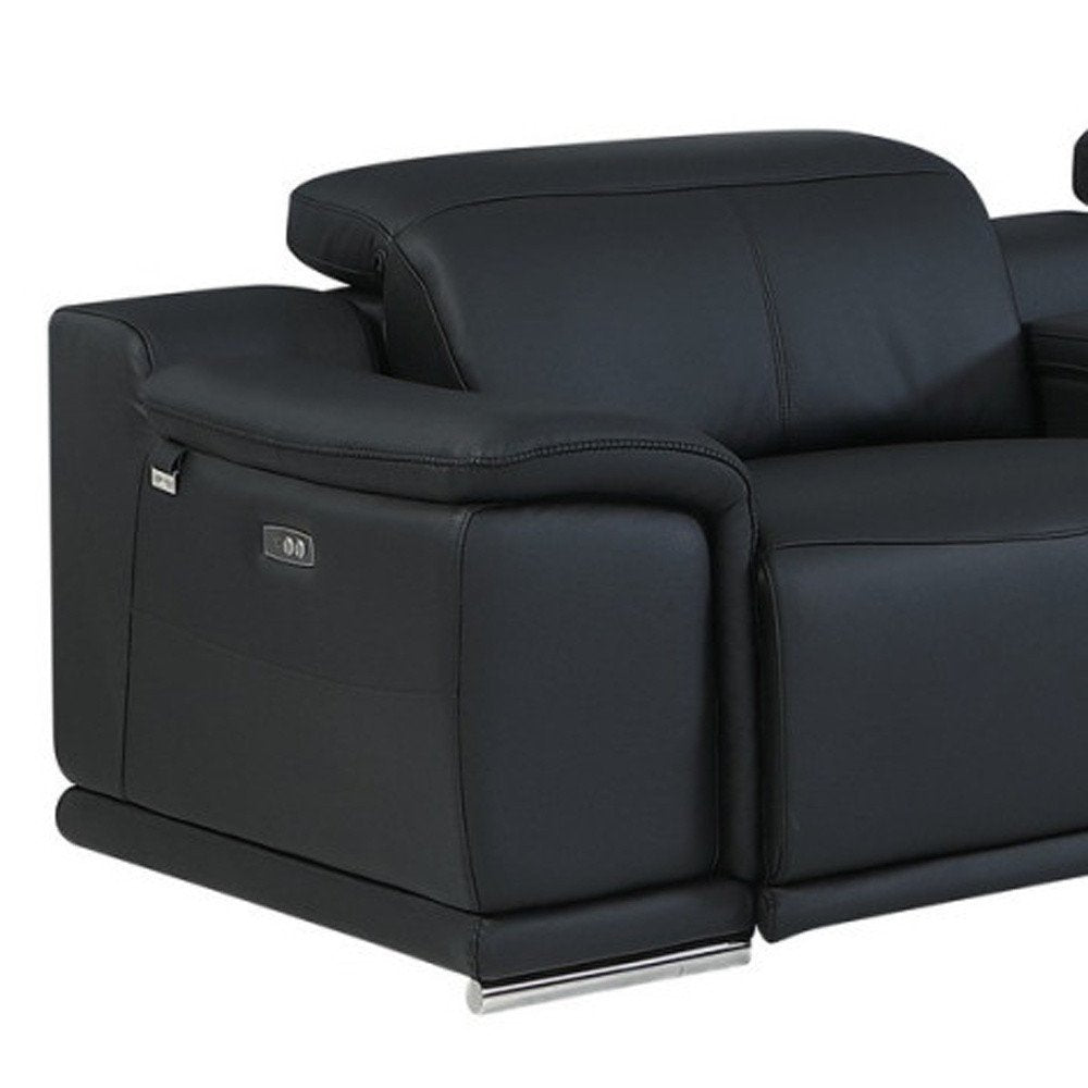 Black Italian Leather Power Reclining U Shaped Seven Piece Corner Sectional with Console
