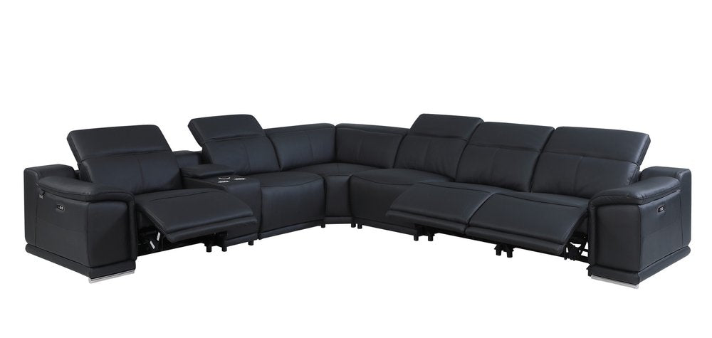Black Italian Leather Power Reclining U Shaped Seven Piece Corner Sectional with Console
