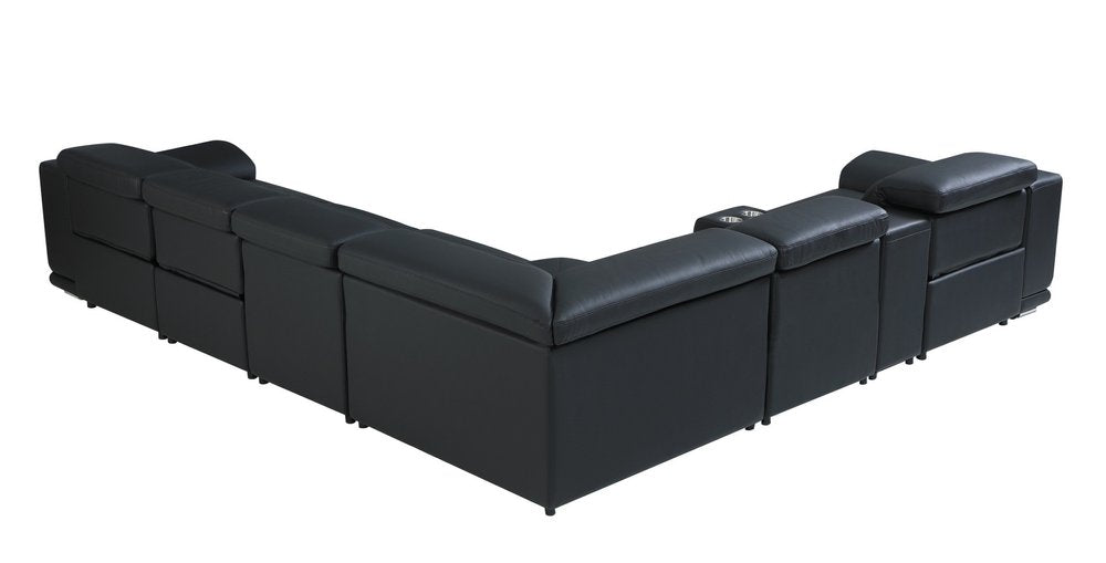Black Italian Leather Power Reclining U Shaped Seven Piece Corner Sectional with Console