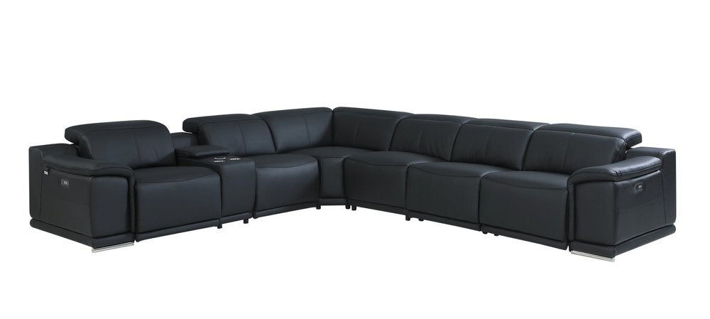 Black Italian Leather Power Reclining U Shaped Seven Piece Corner Sectional with Console