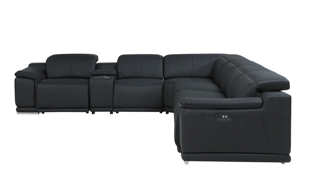 Black Italian Leather Power Reclining U Shaped Seven Piece Corner Sectional with Console