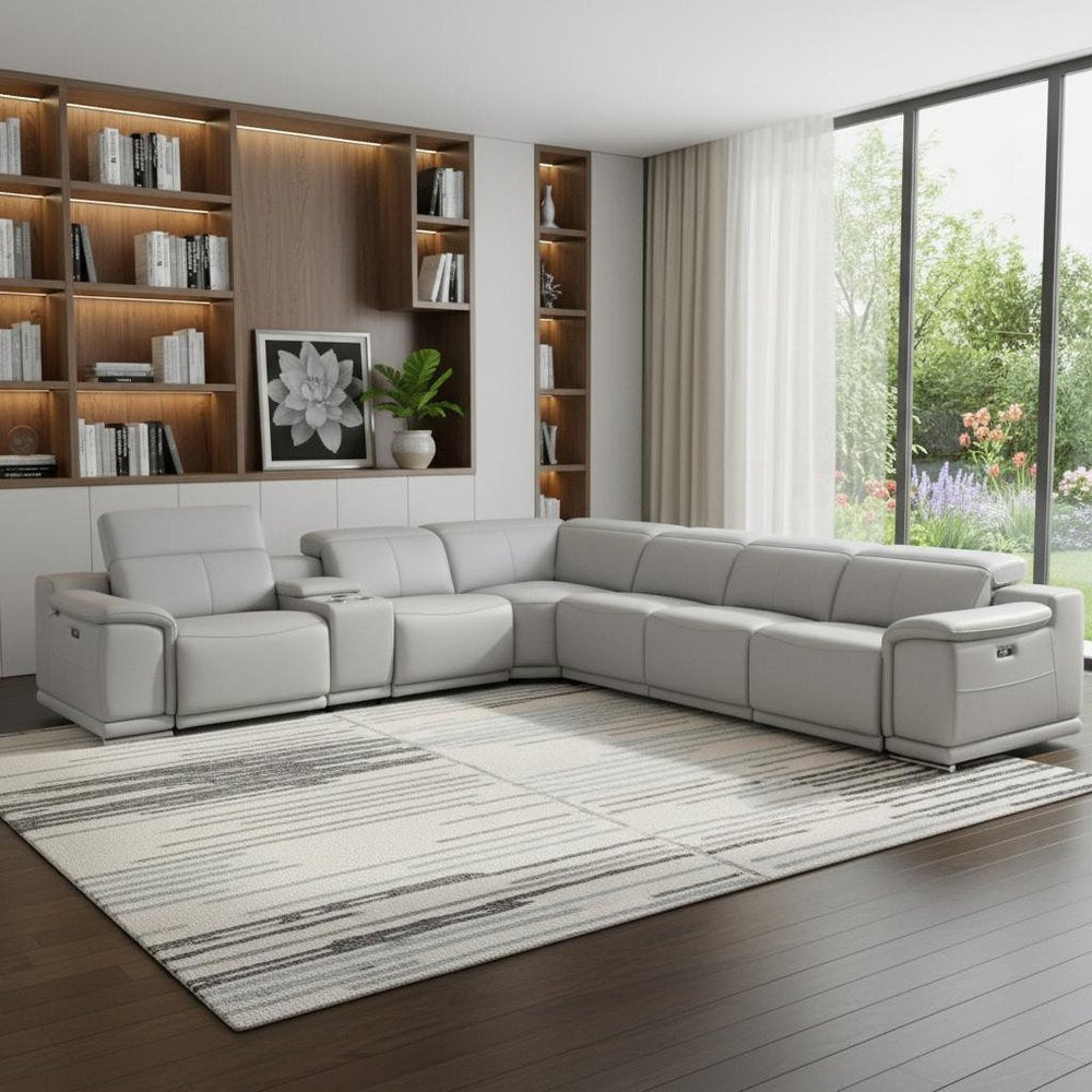 Light Gray Italian Leather Power Reclining U Shaped Seven Piece Corner Sectional with Console