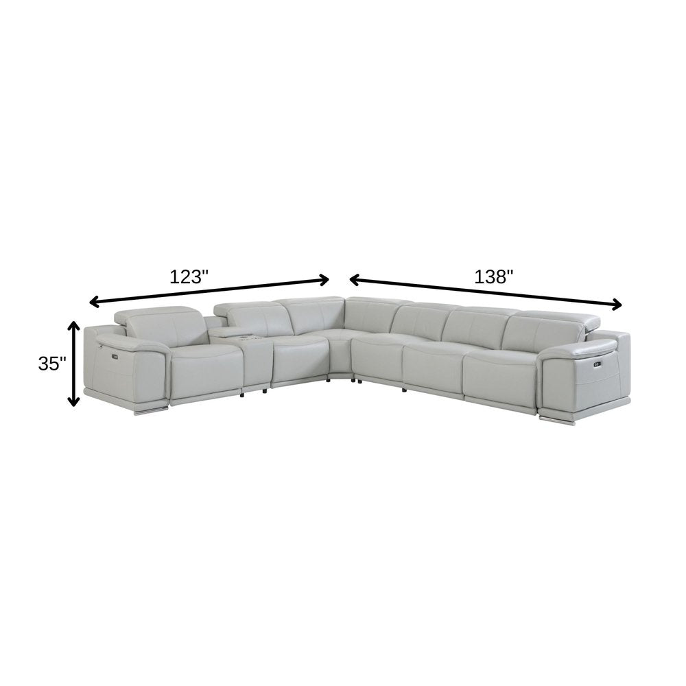 Light Gray Italian Leather Power Reclining U Shaped Seven Piece Corner Sectional with Console