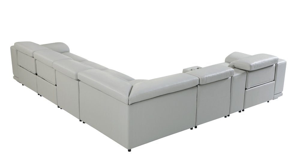 Light Gray Italian Leather Power Reclining U Shaped Seven Piece Corner Sectional with Console