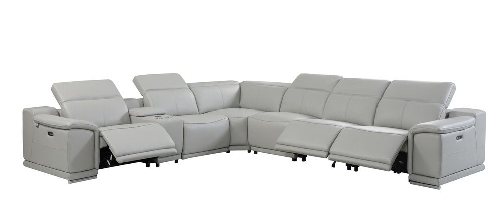 Light Gray Italian Leather Power Reclining U Shaped Seven Piece Corner Sectional with Console