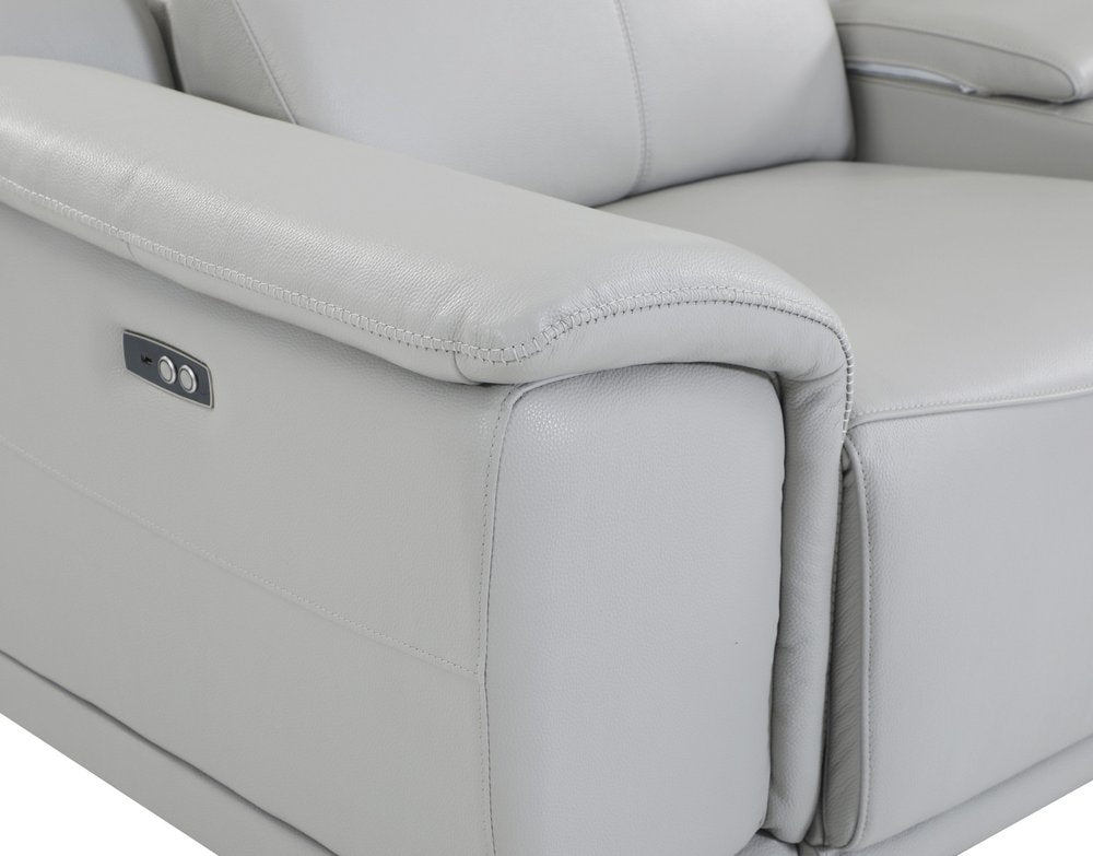 Light Gray Italian Leather Power Reclining U Shaped Seven Piece Corner Sectional with Console