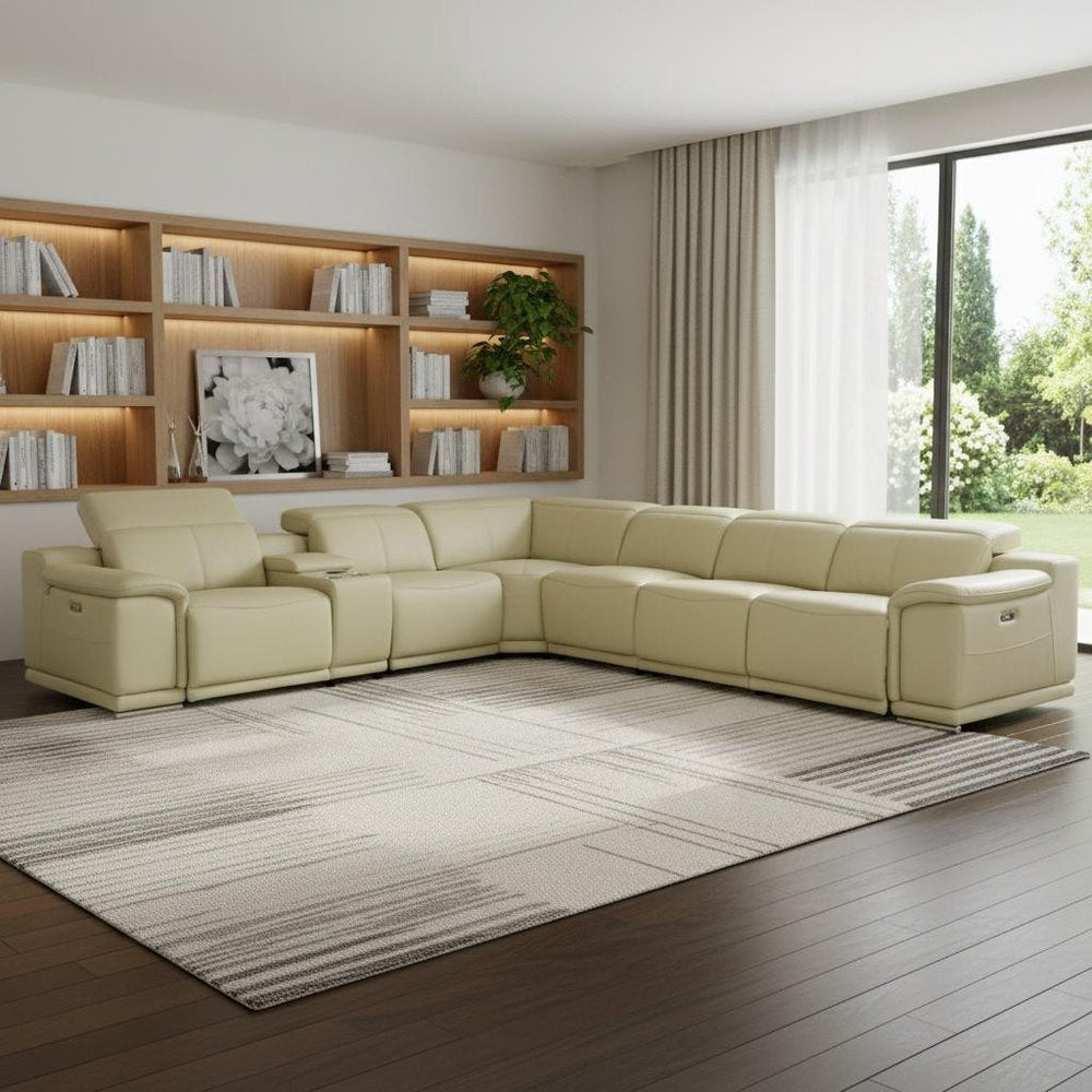 Beige Italian Leather Power Reclining U Shaped Seven Piece Corner Sectional with Console