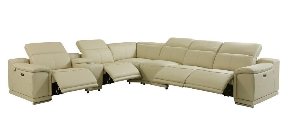 Beige Italian Leather Power Reclining U Shaped Seven Piece Corner Sectional with Console