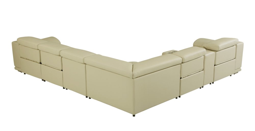 Beige Italian Leather Power Reclining U Shaped Seven Piece Corner Sectional with Console