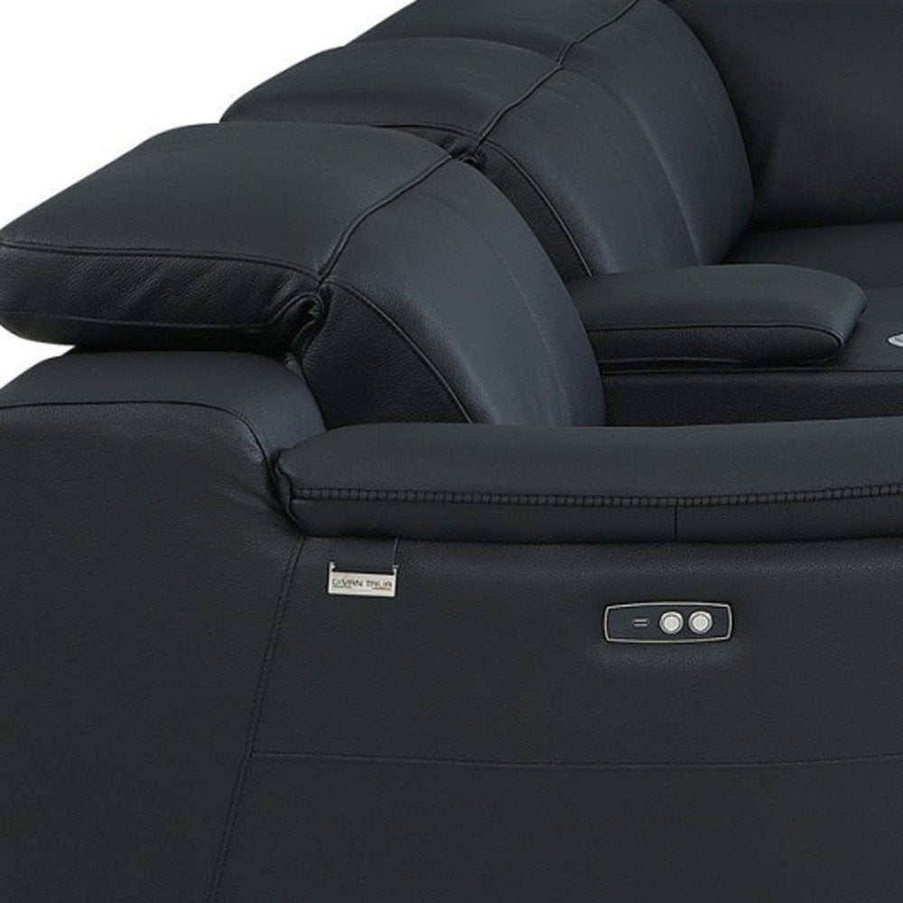 Black Italian Leather Power Reclining U Shaped Seven Piece Corner Sectional with Console