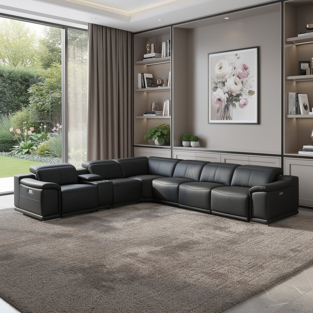 Black Italian Leather Power Reclining U Shaped Seven Piece Corner Sectional with Console