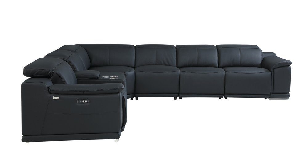 Black Italian Leather Power Reclining U Shaped Seven Piece Corner Sectional with Console