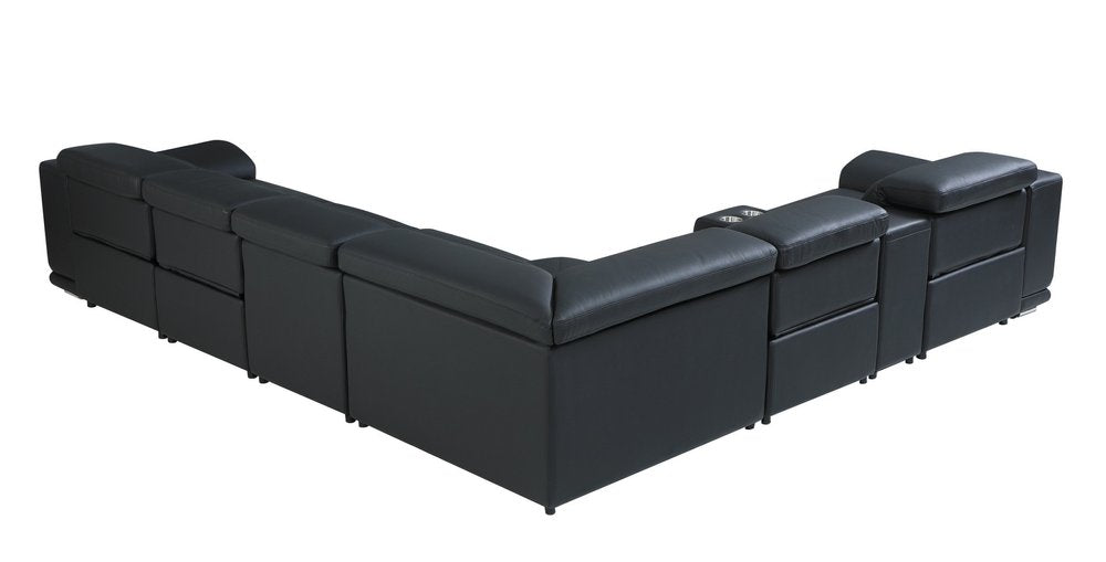 Black Italian Leather Power Reclining U Shaped Seven Piece Corner Sectional with Console