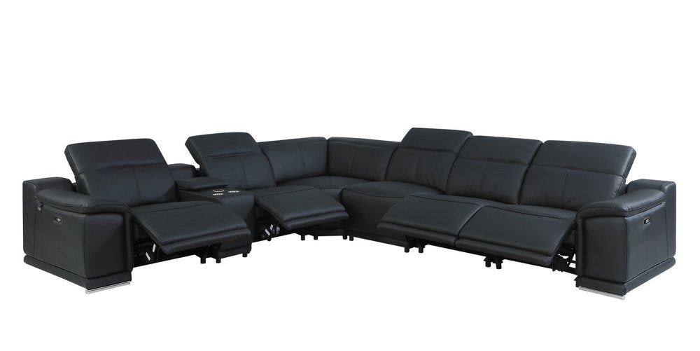 Black Italian Leather Power Reclining U Shaped Seven Piece Corner Sectional with Console