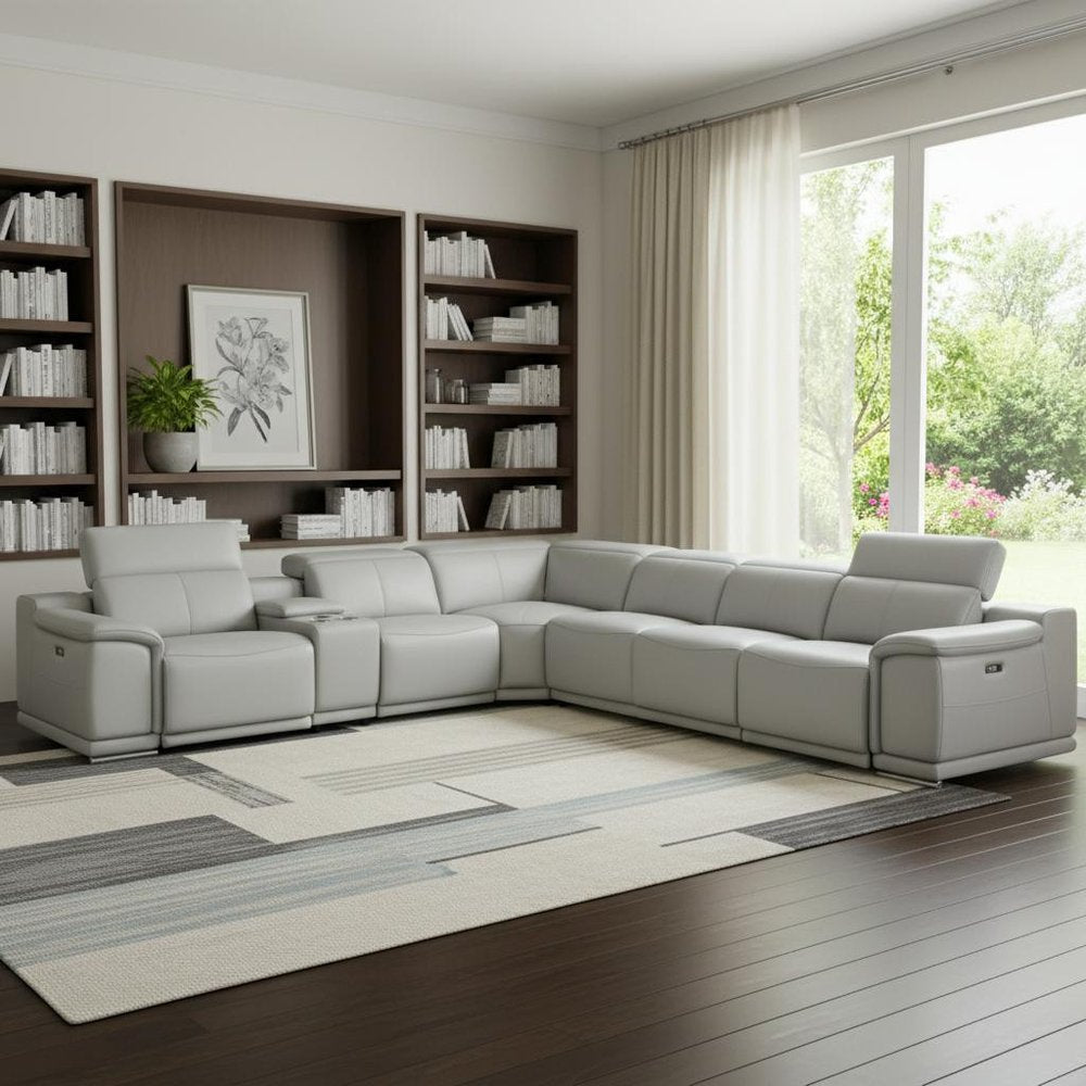 Light Gray Italian Leather Power Reclining U Shaped Seven Piece Corner Sectional with Console