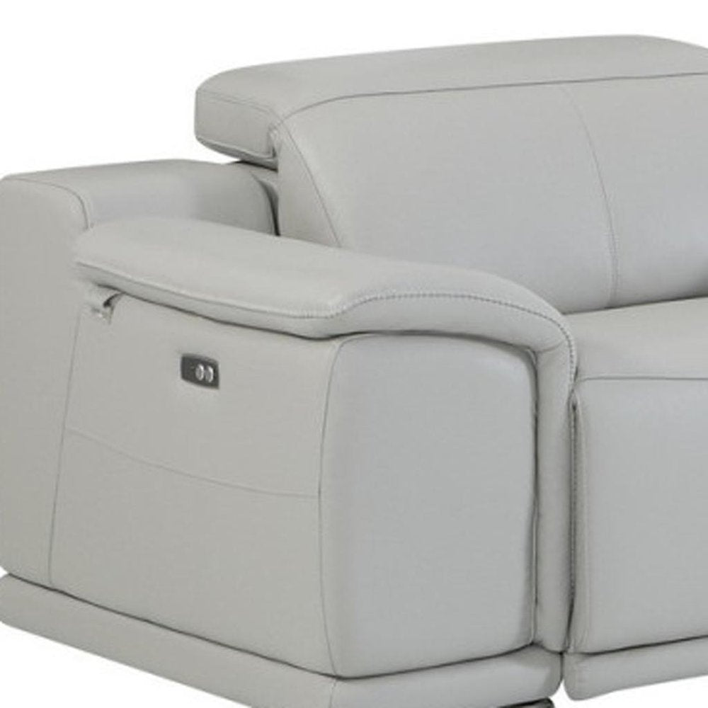 Light Gray Italian Leather Power Reclining U Shaped Seven Piece Corner Sectional with Console