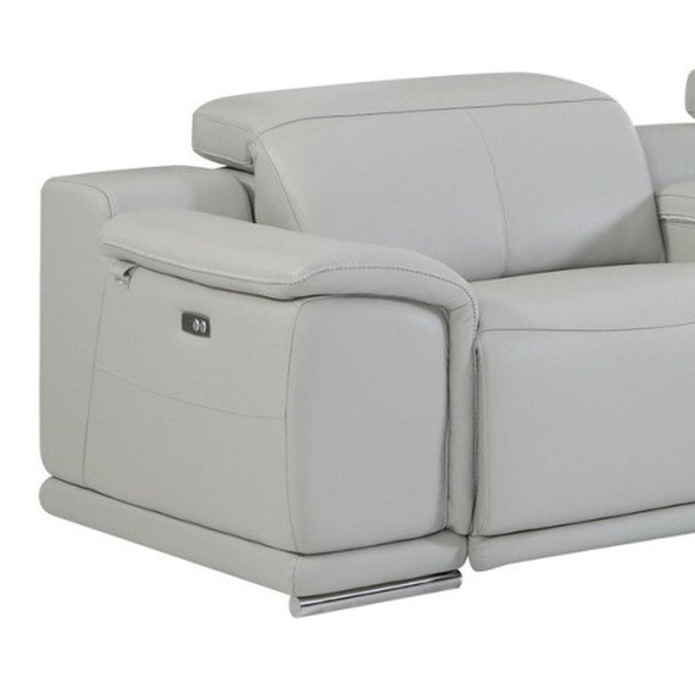 Light Gray Italian Leather Power Reclining U Shaped Seven Piece Corner Sectional with Console