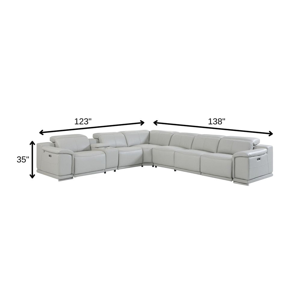 Light Gray Italian Leather Power Reclining U Shaped Seven Piece Corner Sectional with Console
