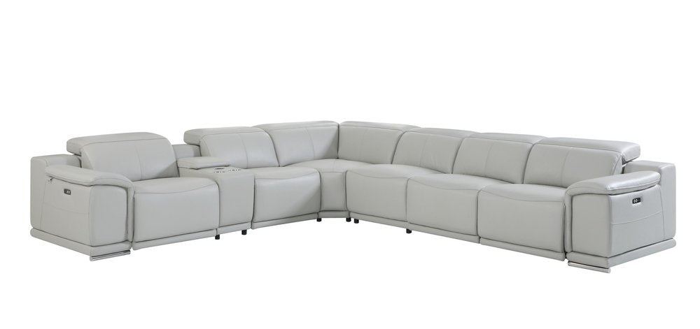 Light Gray Italian Leather Power Reclining U Shaped Seven Piece Corner Sectional with Console